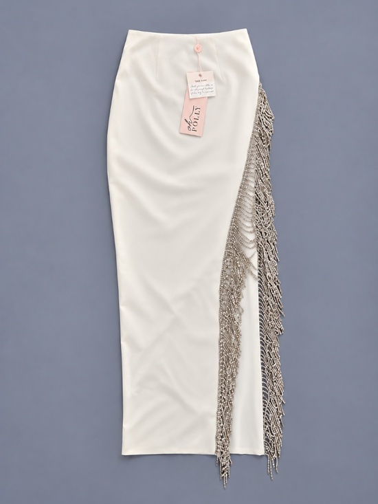 Oh Polly Dresses & Skirts - Oh Polly Ivory Embellished Beaded Fringe Maxi Skirt Size 0 NWT